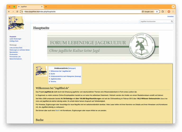 Screenshot der Website www.jagdfibel.de