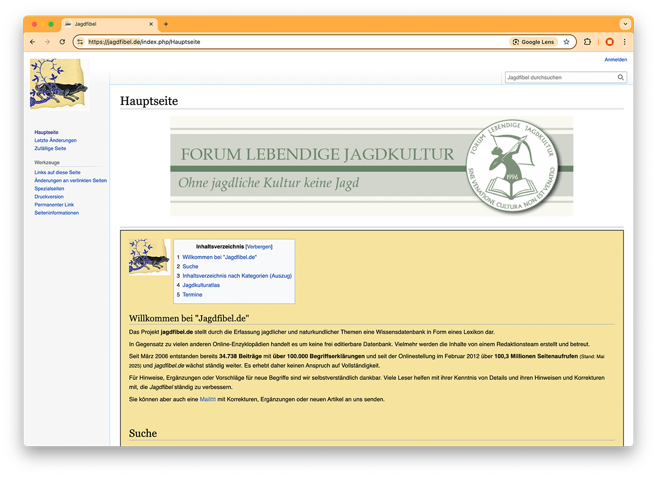 Screenshot der Website www.jagdfibel.de